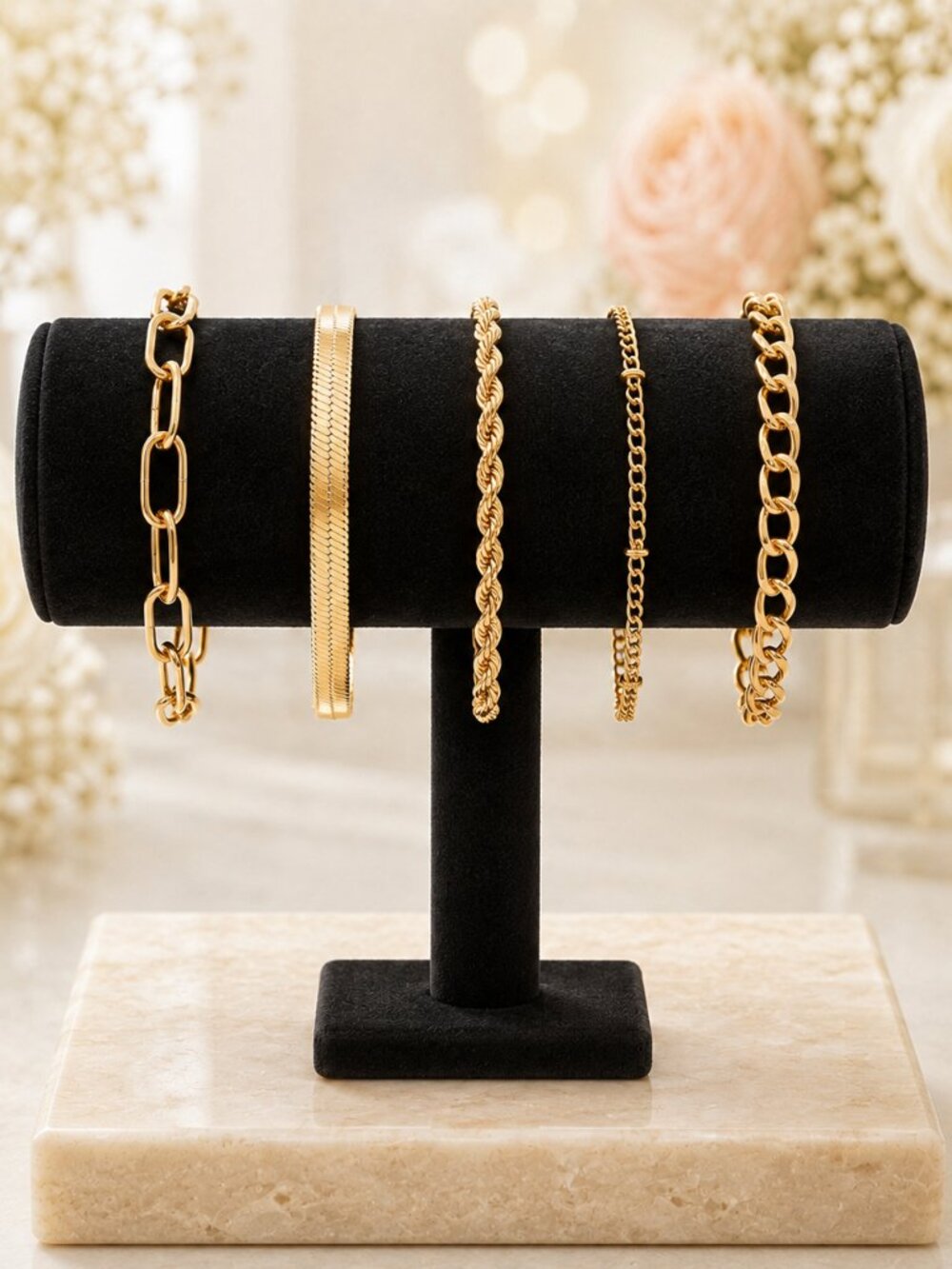 Set of 5 Gold-Tone Bracelets – Paperclip, Herringbone, Rope & Mixed-Link
